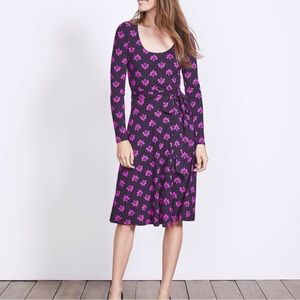 Boden Silvia Floral Leaf Print Jersey Faux Wrap Dress Purple Pink Elderberry